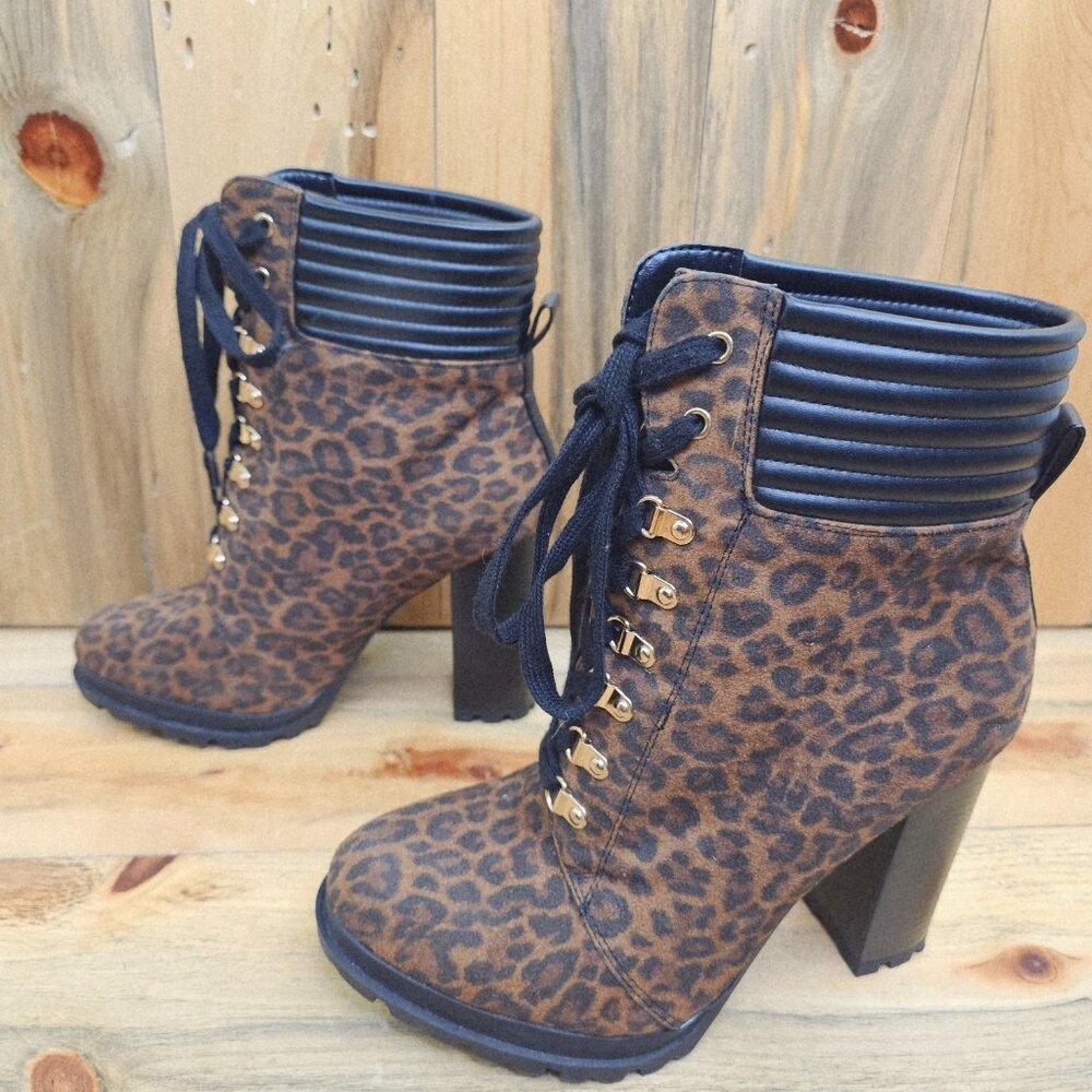 JustFab • "Shandee" Lace-Up Heeled Booties (leopardino)